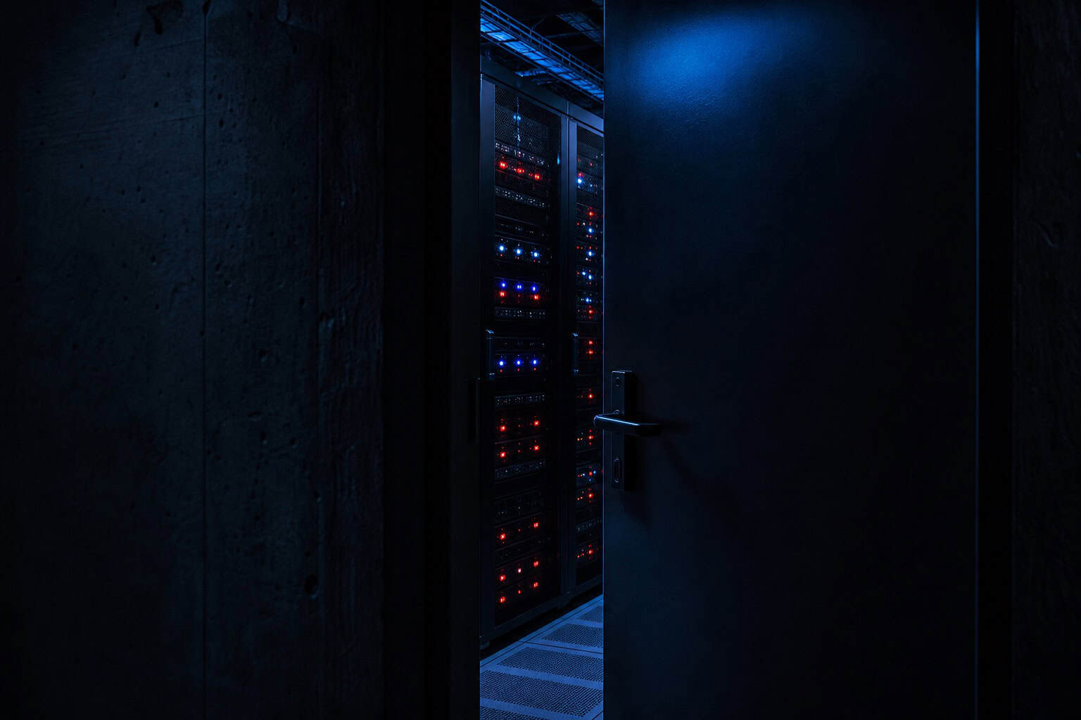 Server room with glowing indicator lights representing ongoing security maintenance