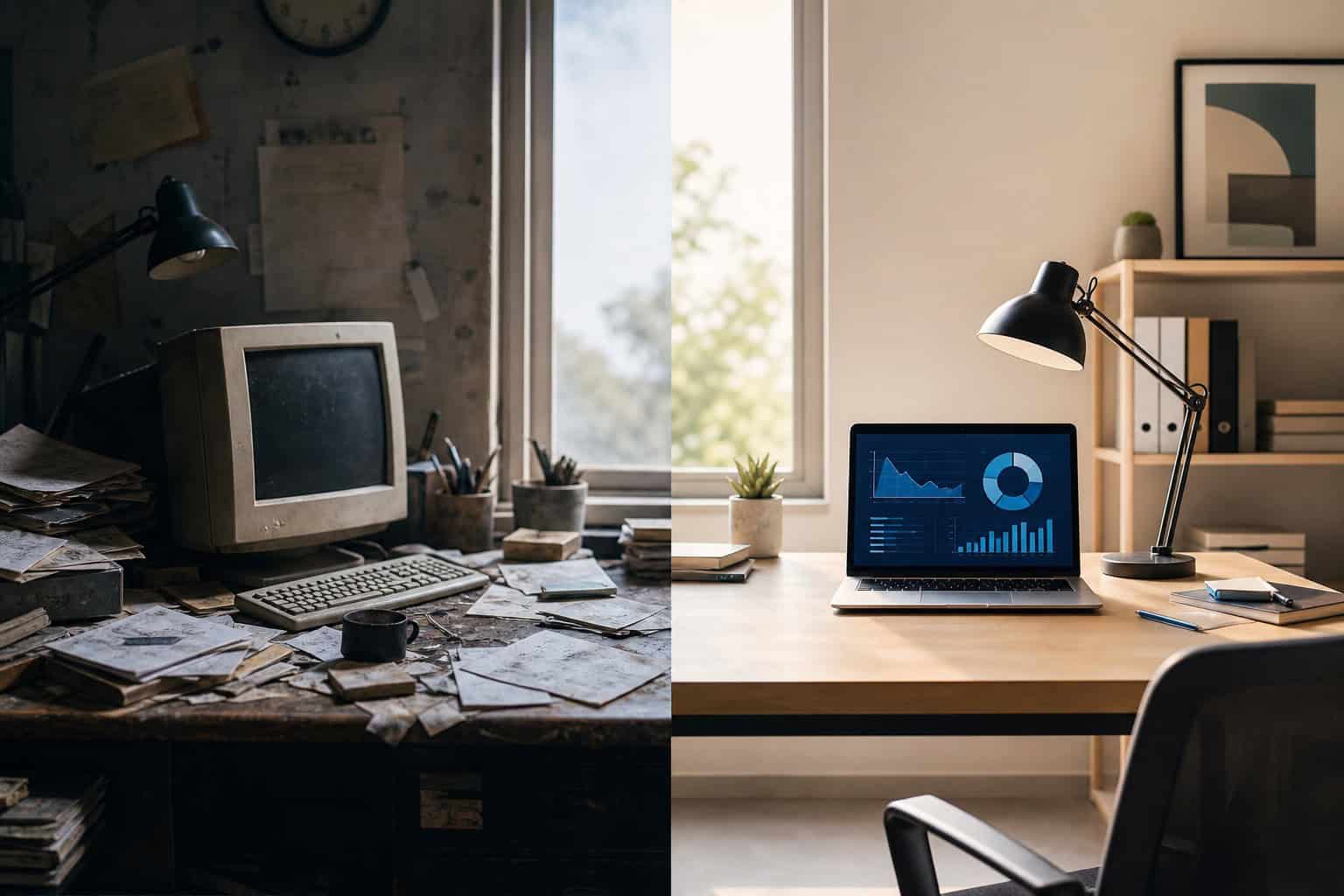 Split composition contrasting cluttered old workspace with organized modern setup