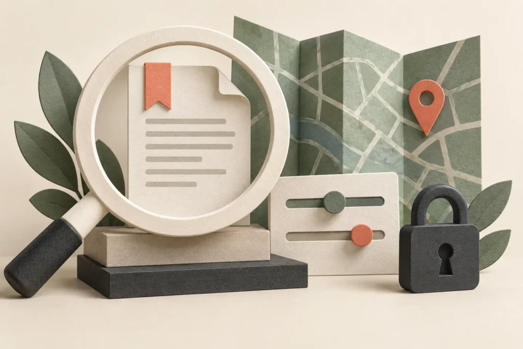 A document, local map, settings controls and padlock represent the roundup’s themes.