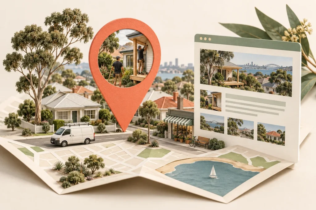 An illustrated local streetscape and nearby work examples become content on a website page.