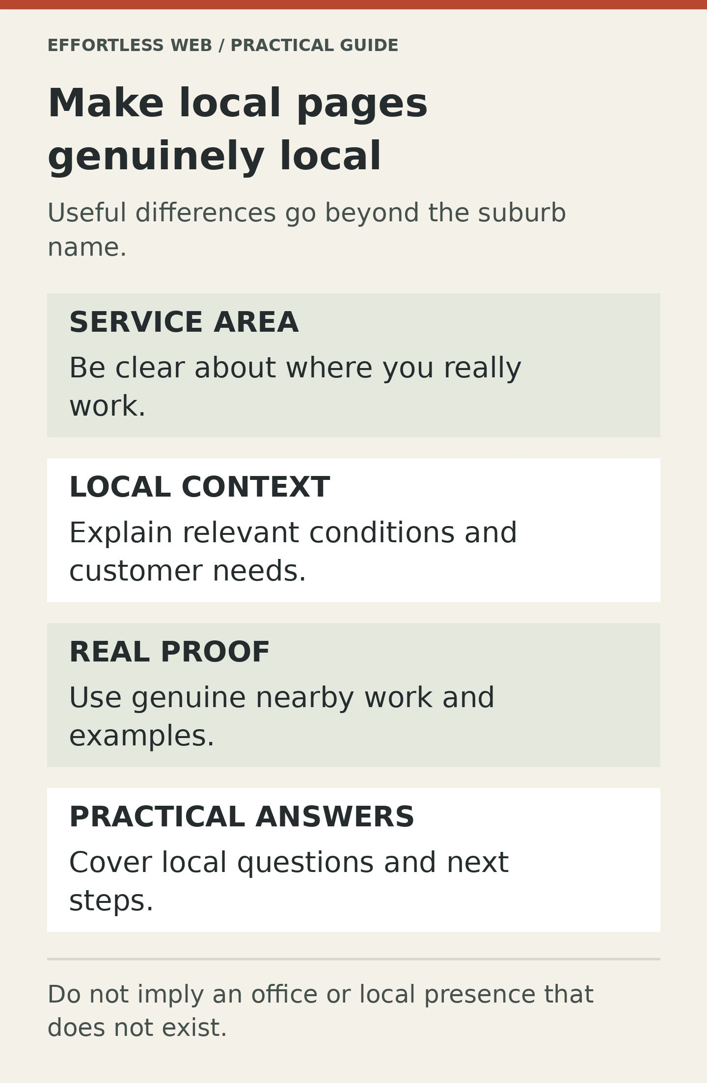 Make local pages genuinely local. Useful differences go beyond the suburb name.