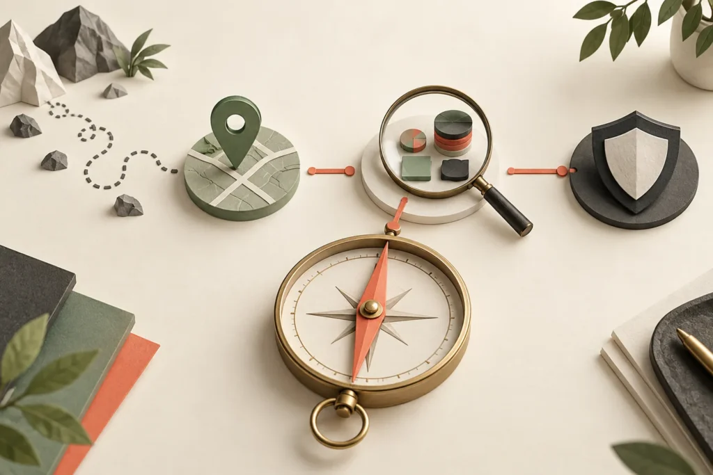 A compass aligns local visibility, measurement and security on a single route.