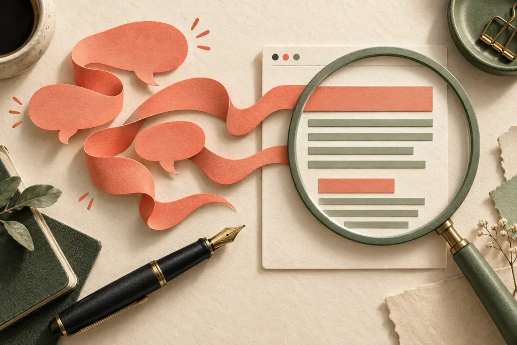 Conversation bubbles turn into structured page content beside a pen and magnifying glass.