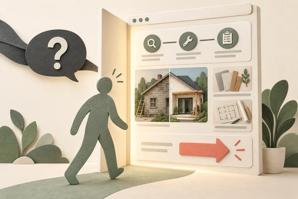 A customer approaches a page that answers questions, shows examples and offers a next step.