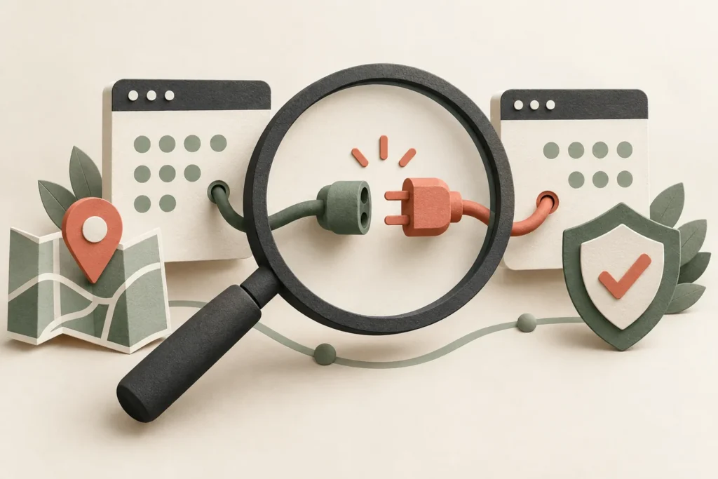 A magnifying glass inspects the connection between two digital information panels.