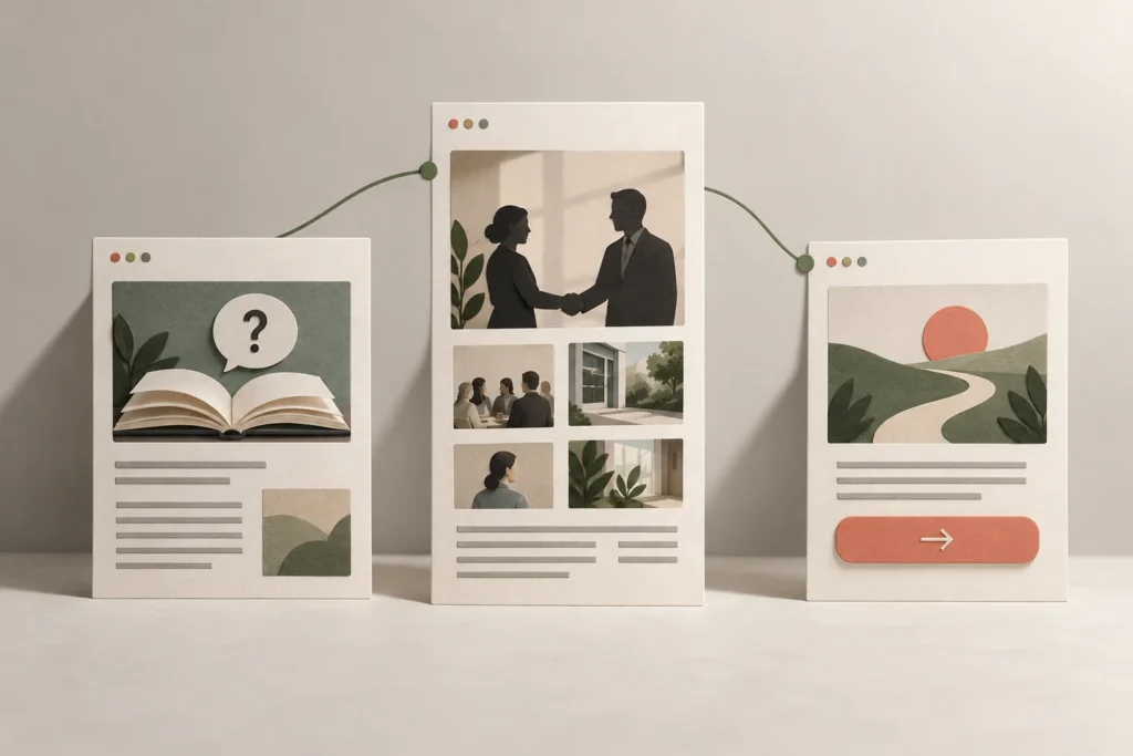 Three paper page models represent an educational article, a service page and a focused landing page.