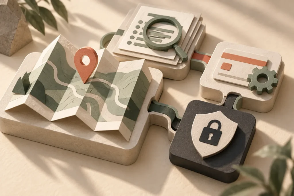 Interlocking modules representing maps, data validation, checkout settings and security.