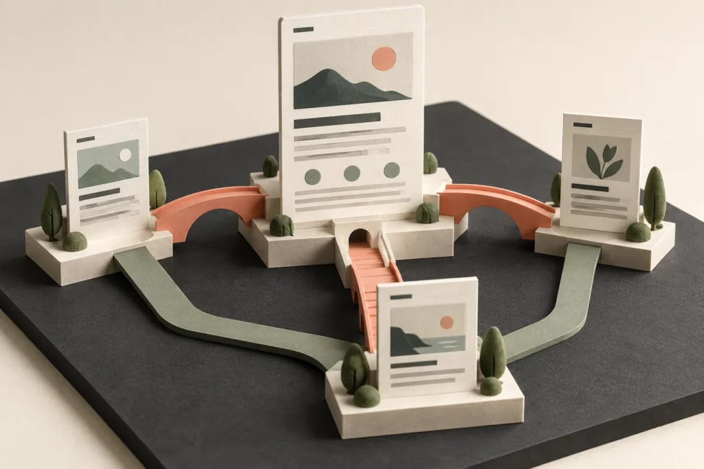 Supporting article pages connected by bridges to a central service page.