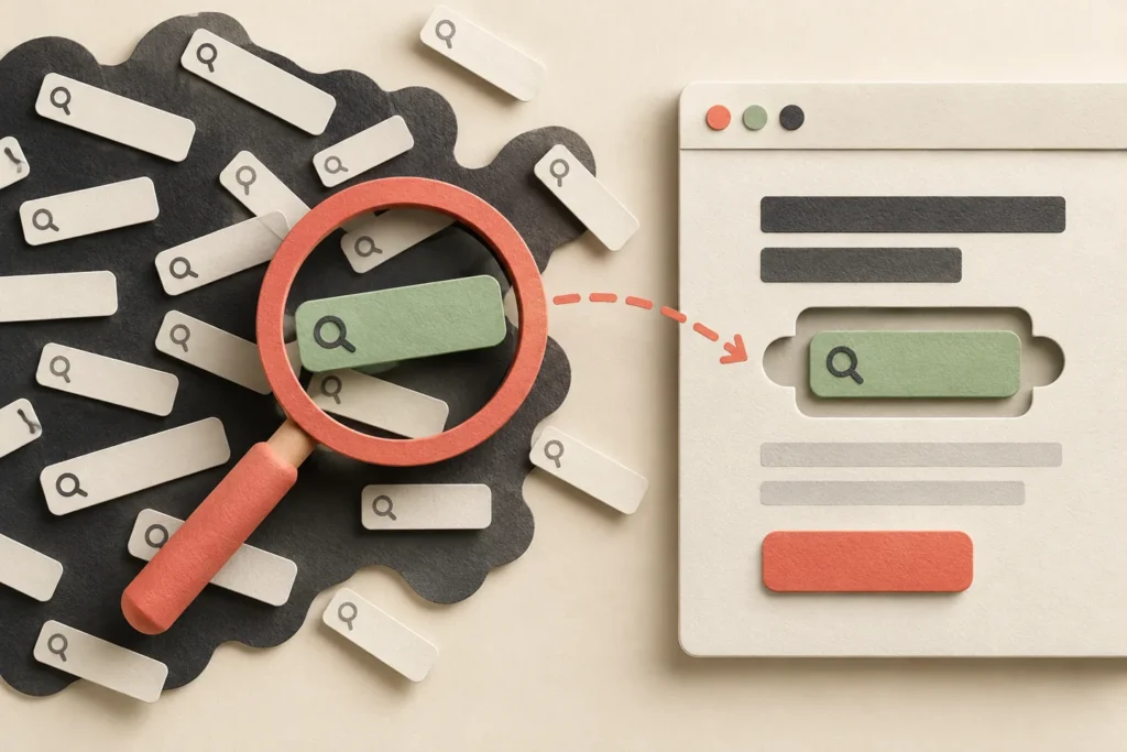 A magnifying glass selects a search query that fits a relevant website page.