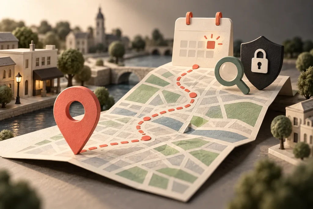 A map pin and booking calendar connected across a folded map, beside a security shield.