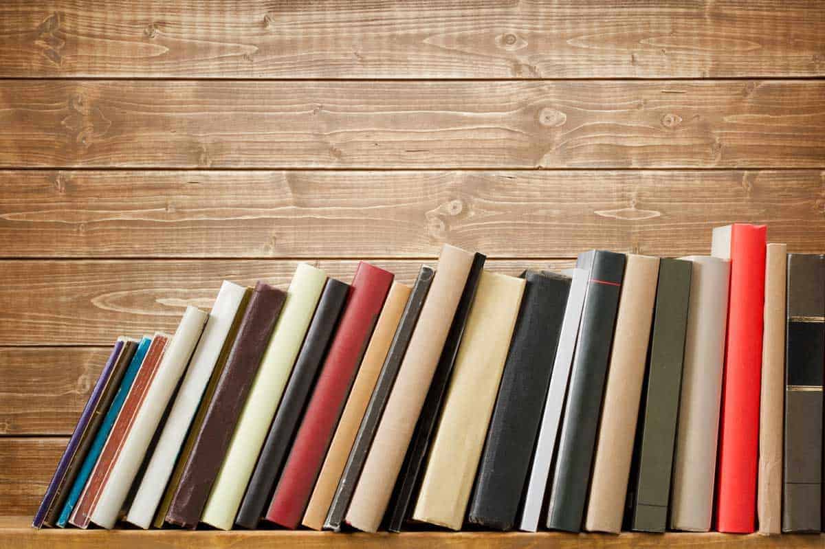 Row of books on a shelf against a wooden wall