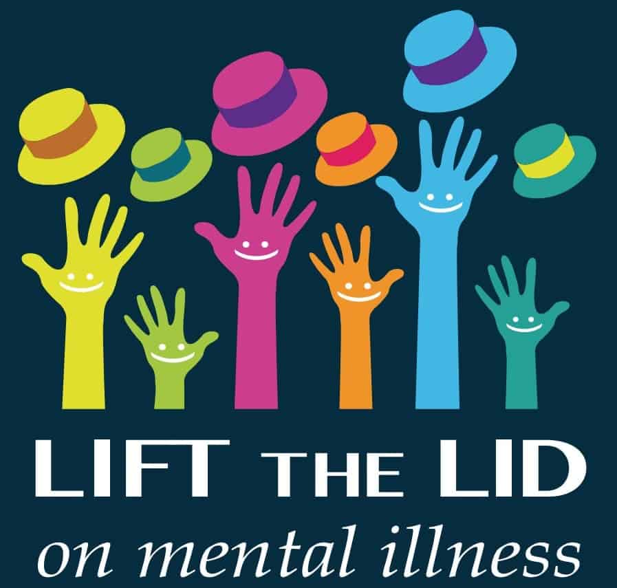 Colorful raised hands lifting hats with text about mental illness awareness.