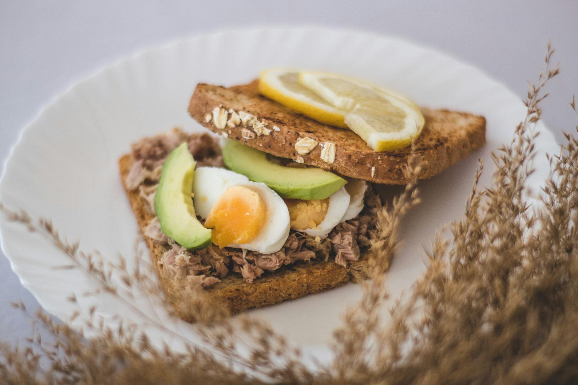 Open-faced toast with tuna, avocado, soft-boiled egg, and lemon slices.