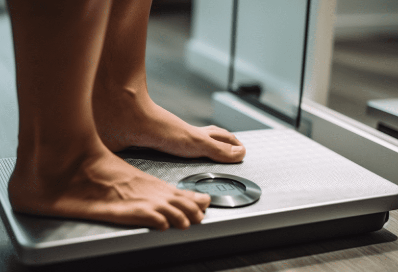 Bare feet standing on a digital bathroom scale.